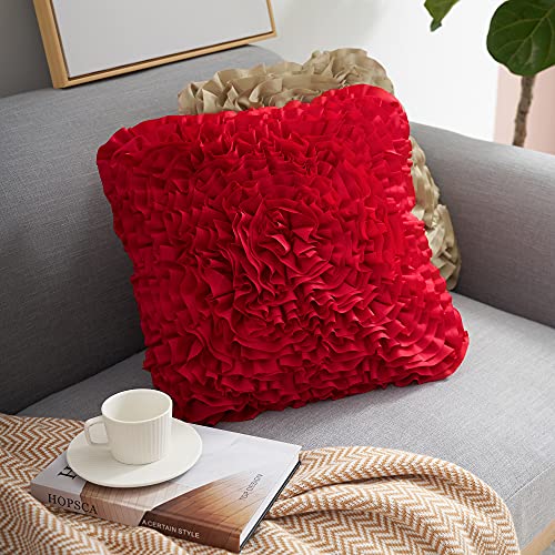 Foindtower Decorative Throw Pillow Covers Handmade 3D Ruffled Flower Cushion Cases Floral Ruffles Accent Pillow Cases Elegant Home Decorations For Couch Bed Sofa Bedroom Living Room 18X18 Inch Red #TOP4