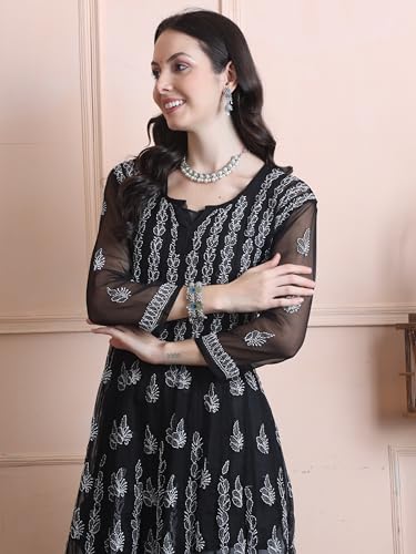 Image of FAWOMENT Women's Designer 56 Kali Kurta with Fine Lucknowi Hand Embroidered Chikankari
