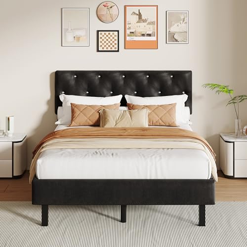 La Mejor Selección de Cama Queen Size Precio de esta semana. 50 Cakhdry Base Cama Queen Size, Base de Cama Matrimonial con Cabecera de Cristal, Marco de Metal Envuelto en Terciopelo y Espon, Antideslizante, sin Ruido, Fácil de Montar (Negro,...