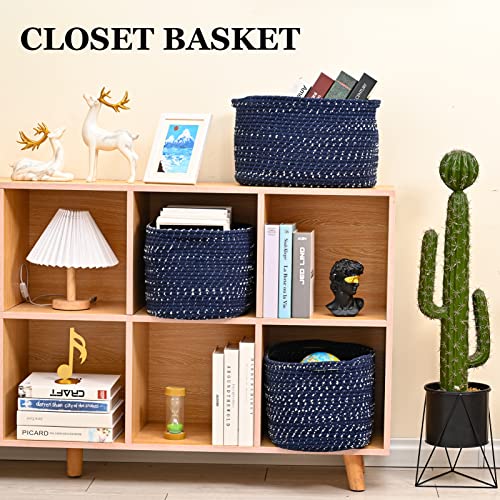 Homholdon Cotton Rope Storage Baskets For Organizing, 15"X10"X9" Set Of 3 Woven Basket For Storage, Shelf Basket Cube Storage Bins For Bathroom,Bedroom,Living Room,Laundry,Nursery Room,Clothes,Towels,Toys, Blanket(Spotted Blue) #TOP3