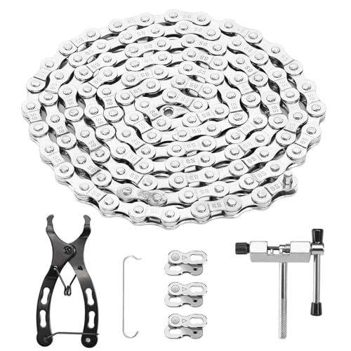 Cadena de bicicleta de 6/7/8 velocidades, herramienta con candado de cadena, alicates para romper cadenas y 3 pares de candado de cadena para bicicleta de montaña (1/2 x 3/32 pulgadas, 116 eslabones)