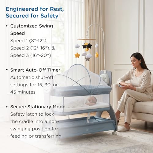 Image of Mee Mee Sweet Love Automatic Electric Cradle with Cot Mobile | Built-in Soft Night Lamp | Remote 3-Speed Swing | Soothing Music & Bluetooth | Smart Timer | Lockable Wheels | Baby Bassinet 0-12 Months