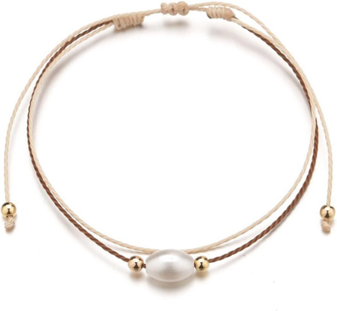 W WEILIRIAN Bohemian Layered Pearl Anklet for Women Oval Pearl Ankle Bracelets Brown Woven Rope Anklets Chain Bracelet Gold Bead Anklets Summer Beach Anklet Foot Chain Jewelry Gifts - Image 2