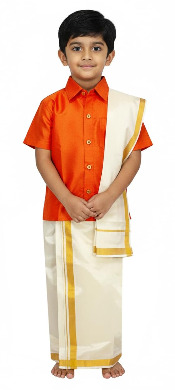 Boys Pongal Special Art Silk Dhoti & Stunning Color Shirt with Angavastram Set | Traditional Ethnic Wear for Festivals, Ceremonies & Special Occasions (9-10 Years, Orange)-picture-45