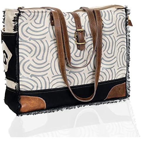 Upcycled Canvas & Leather Shoulder Bag Tote Crossbody Leather Tote Bag Classic Tote, White, L Cover