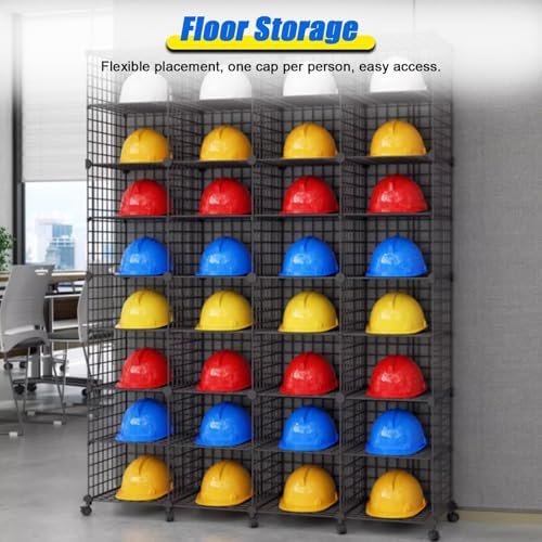 Stackable Safety Helmet Storage Boxes with Wheels - Adjustable Hard Hat Organizer Rack for Construction, Workshops, Retail - White Iron Wire Frame, 32 Grids, Efficient Display Solution