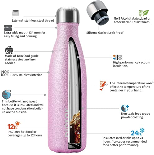 Image of BJPKPK Insulated Water Bottles 17oz Stainless Steel Sports Water Bottles Keep Cold for 24 Hours and Hot for 12 Hours,BPA Free,Glitter Pink