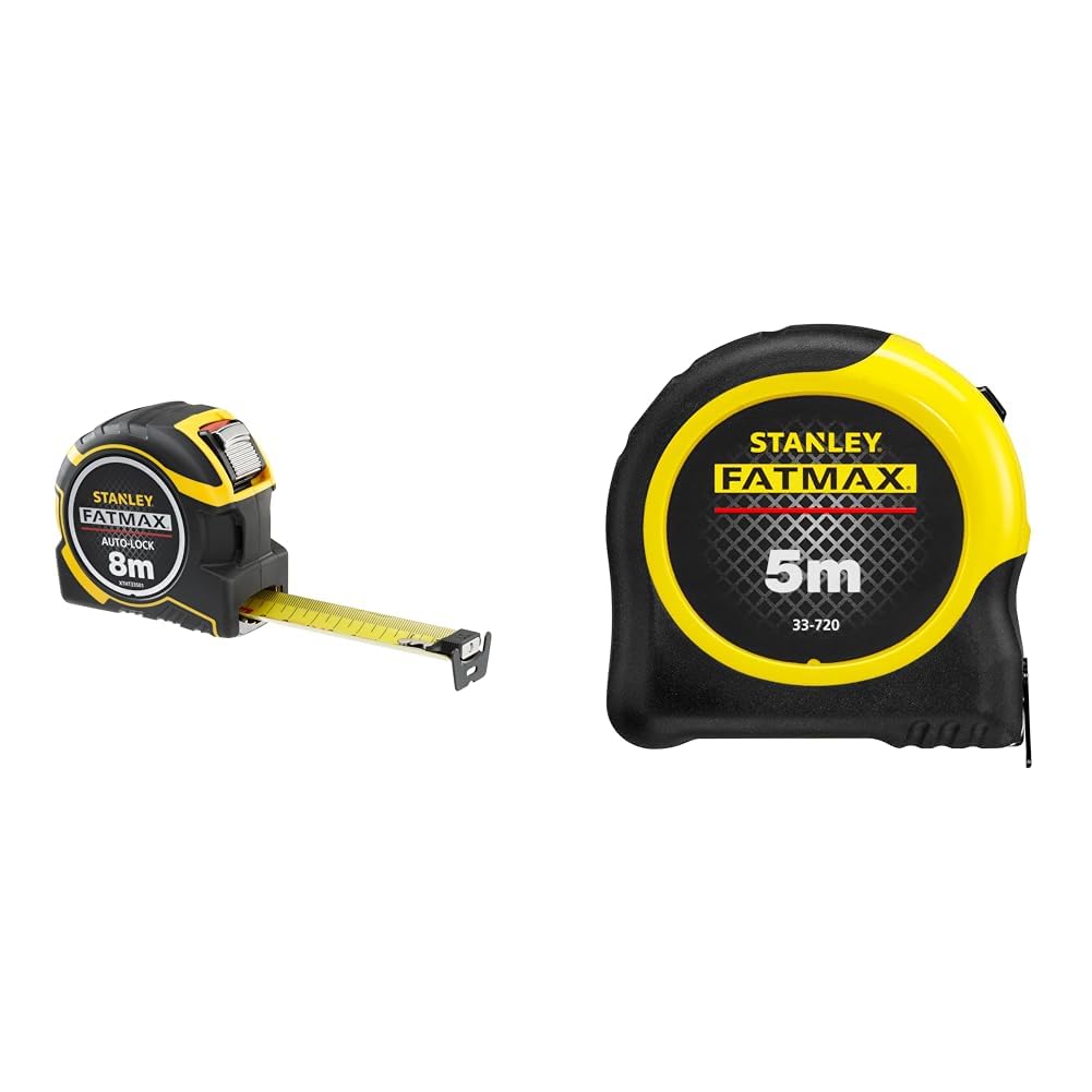 STANLEY Mesure Auto Lock 8 M x 32 mm - Ruban Large - Traitement Mylar et Blade Armor & STANLEY FATMAX Mètre à Ruban 5 M - Revêtement Blade Armor - Ruban Ultra Épais - Plus Résistant