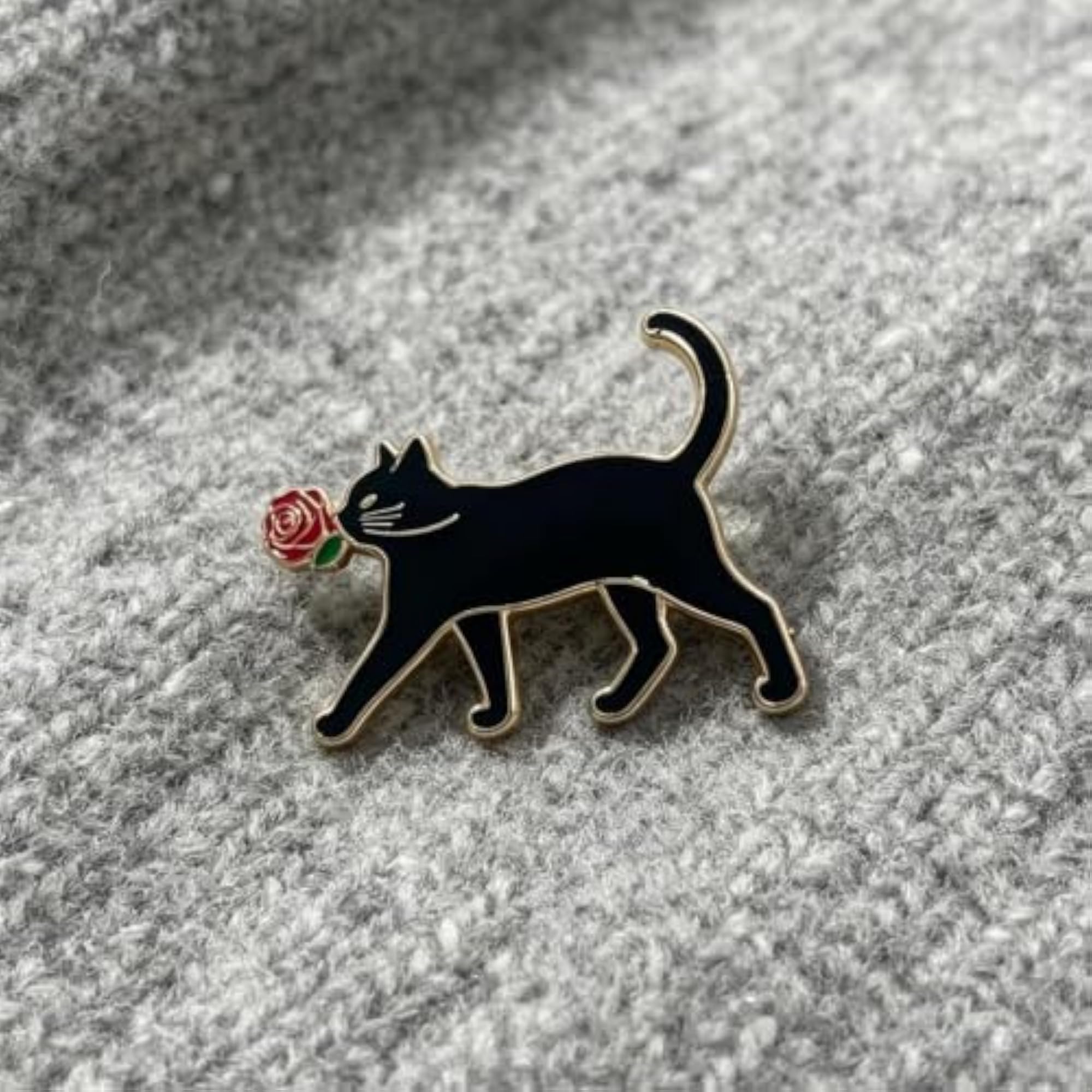 Black Cat Enamel Brooch Pin with Red Rose, Gothic Style