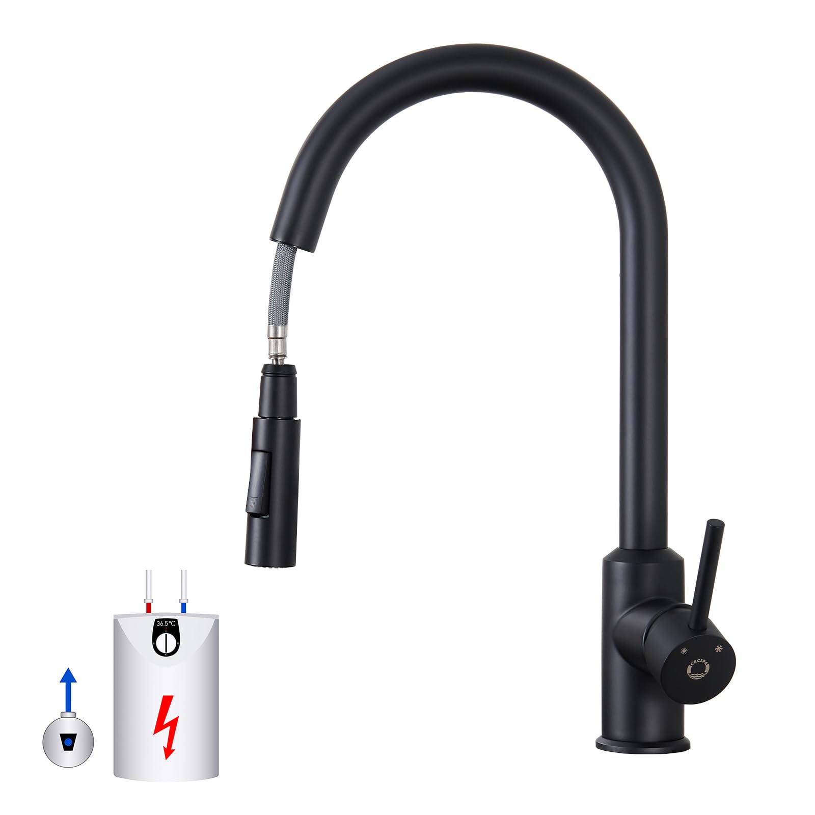 Robinet cuisine basse pression noir extensible anti-éclaboussures G3/8