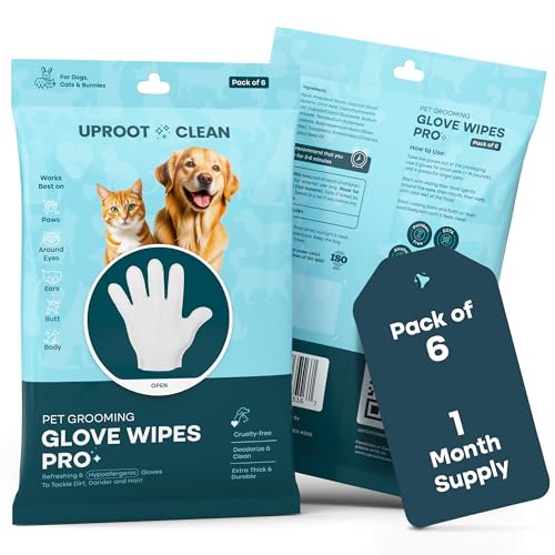 Uproot Clean Dog Cleaning Gloves: 1 Month Supply - Extra-Thick Pet Glove Wipes for Dogs & Cats - Easy Wipe Paws, Eyes, Ears, Butt, & Body - Lick-Safe - Cleaning, Deodorizing & Grooming (6 Pack)