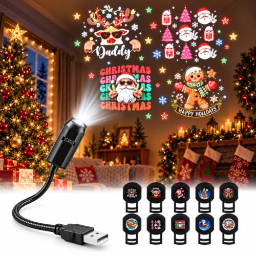 Image of Plug and Play Hd Christmas Projector with 10 Festive Scenes, 5D Holographic Night Light Projector, 360° Flexible Neck, USB Powered, Interchangeable Theme Discs, for Bedroom, Home Theater, Car, Travel