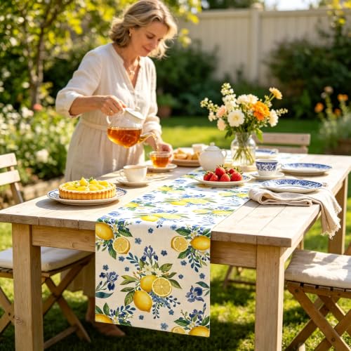 Lemon Table Runner 72 Inches Long, Linen Mediterranean Blue and Yellow Floral Table Runner for Summer Kitchen Decor, Italian Sicilian Lemon Table Decor for Dining by Everglit - Used condition - Image 2