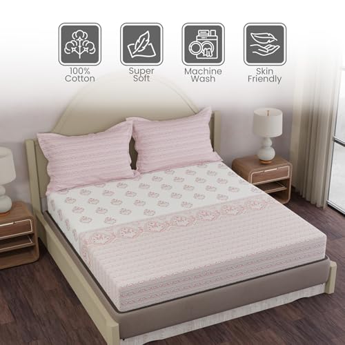 Image of Layers 100% Cotton King Size Bedsheet Set | Pink Ethnic Print | 120 TC Forever Collection | Soft & Breathable | Washable Bedsheet with 2 Pillow Covers | All Season