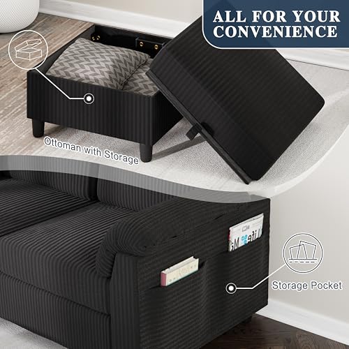 Meilocar Sectional Sofa Couch for Living Room, 79\" Sectional Couches with Ottoman, L Shaped Couch with Armrests Side Storage Pockage, 3-Seat Sofa Couches for Apartment, Black - Thumbnail 4
