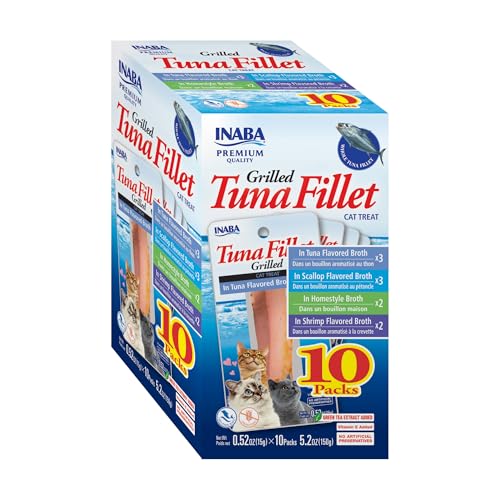 INABA Premium Grilled Tuna Fillet Cat Treats with Vitamin E and Green Tea Extract, 0.52 Ounces Each, Pack of 10, Variety Box