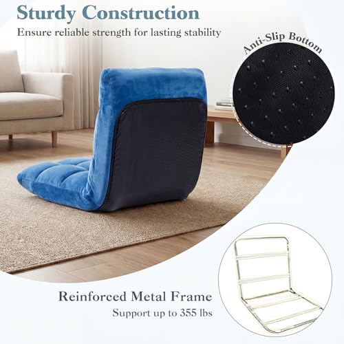 Image of Giantex Folding Floor Chair with Back Support, 14 Adjustable Position, Padded Sleeper Bed, Couch Recliner, Gaming Video Chairs for Adults, Meditation, Living Room (Blue)