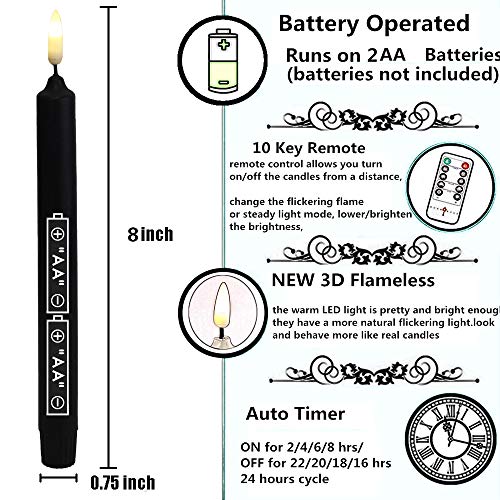 Halloween 6PACK Black Wax Flameless Battery Powered Windows Candles with Remote and Timer & Candlestick. Removable Black Candleholders. Remote Included. - Thumbnail 4