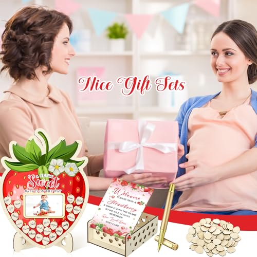 Image of Wenqik 63 Pcs Strawberry Baby Shower Guest Book Alternatives Set Baby Shower Decorations with Photo Frame Sonogram Frame Keepsake 60 Wood Slices Guest Book for Birthday
