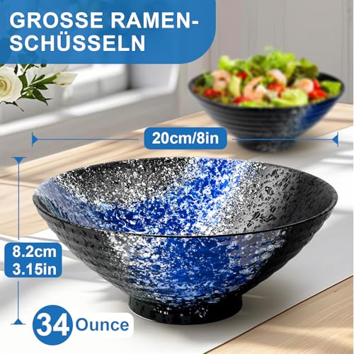 8 Zoll Keramik Ramen Schüssel 4 Set(17-Teilig) - Japanisches Porzellan Geschirr mit Gabel Essstäbchen Löffel und Rezepte Spülmaschinenfest für Nudeln Suppen Getreide Salate Geschenke für neuen Häusern