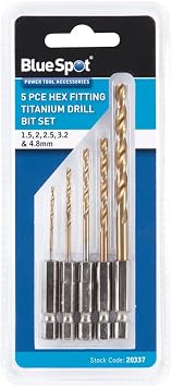Blue Spot Tools 5PCE Titanium Coated Hex Fitting Drill Bit Set, 1/4" Hex, Sizes 1.5, 2, 2.5, 3.2, 4.8mm