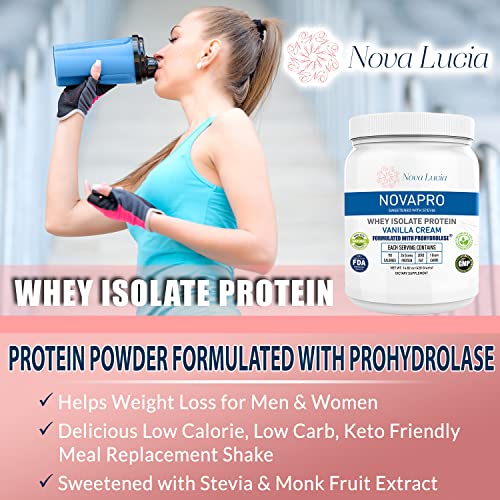 Nova Lucia Vanilla Whey Isolate Protein Powder With Prohydrolase, Keto, Gluten & Lactose Free, Low Cholesterol Meal Replacement Supplement, Sweetened By Stevia For Women & Men 14.82 Oz #TOP1