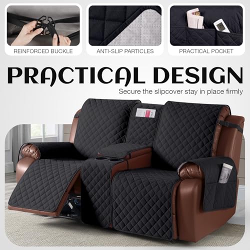 Image of KinCam 100% Waterproof Recliner Loveseat Cover with Console, Non-Slip Reclining Couch Covers for 2 Seat, Recliner Sofa Cover Furniture Protector with Elastic Straps for Kids, Pets, Black
