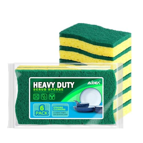 Image of AIDEA Sponges Kitchen, Heavy Duty Scrub Sponge, 6Count, Sponges for Dishes, Cellulose Kitchen Sponge, Scrubbing Power for Tough Messes, Cleaning Power for Non Coated Cookware, Dishes, Pots, Pans