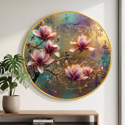 Image of SAF Magnolia Flower Wall Painting with Golden PVC Frame Round Bird Floral Art Modern Luxury Wall Decor for Living Room Bedroom Office Home Decorative Elegant Gift Item (16 x 16 Inch) GRM-360