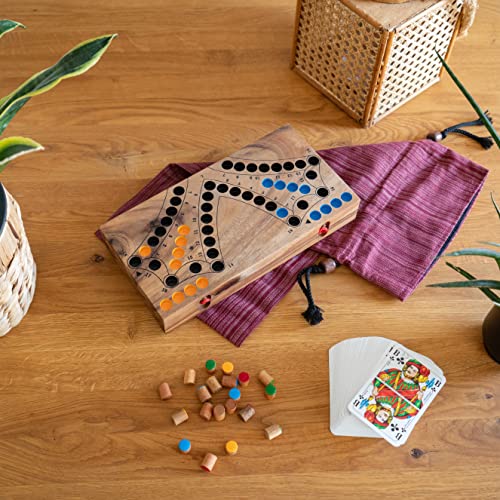 LOGOPLAY Tock für 4 Spieler - Gesellschaftsspiel mit Spielkarten - Brettspiel aus Holz mit zusammenklappbarem Spielbrett