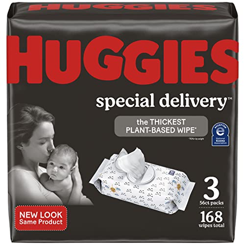Image of Hypoallergenic Baby Wipes, Unscented, Huggies Special Delivery Baby Diaper Wipes, Safe for Sensitive Skin, 99% Purified Water, 3 Push Button Packs (168 Wipes Total)
