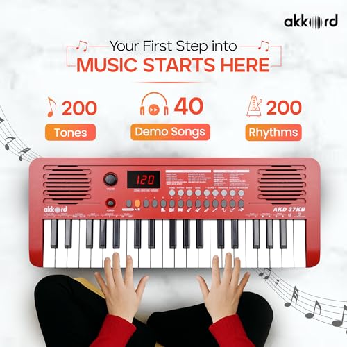 Image of Akkord 37 Keys Music Keyboard - Red Edition | MIDI USB-C, Touch Response, 200 Rhythms, Tones & 40 Demos, LED Display, Portable Beginner Piano Compatible with GarageBand.