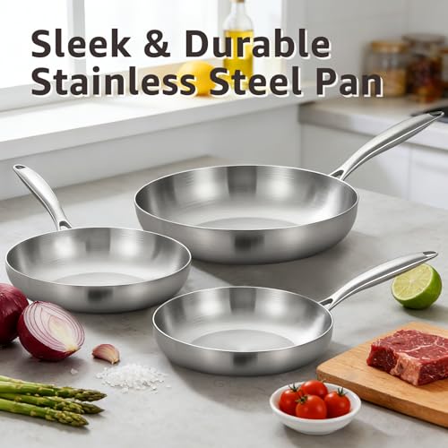 Inqibee 8.5-10-12 Inch Tri-Ply Stainless Steel Frying Pan Set with a Lid,Skillets,Induction Cooking Pans,Pots and Pans Set,Dishwasher and Oven Safe,Detachable Handle. by Inqibee - Image 3