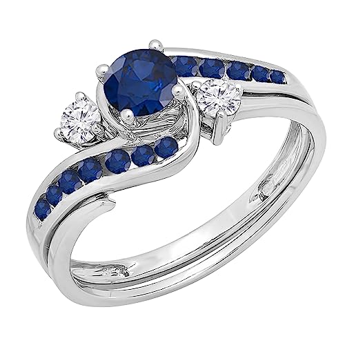 Dazzlingrock Collection Blue Sapphire And White Diamond Swirl Bridal Engagement Ring Set, 10K Solid White Gold
