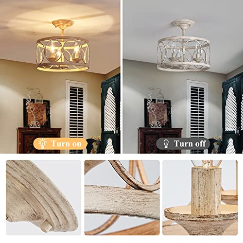 Looyd 3-Light Retro Farmhouse Ceiling Light Semi Flush Mount Ceiling Light Fixture, Farmhouse Close To Ceiling Light Fixtures, Vintage Beige Ceiling Light For Bedroom, Living Room, Kitchen, Hallway #TOP3