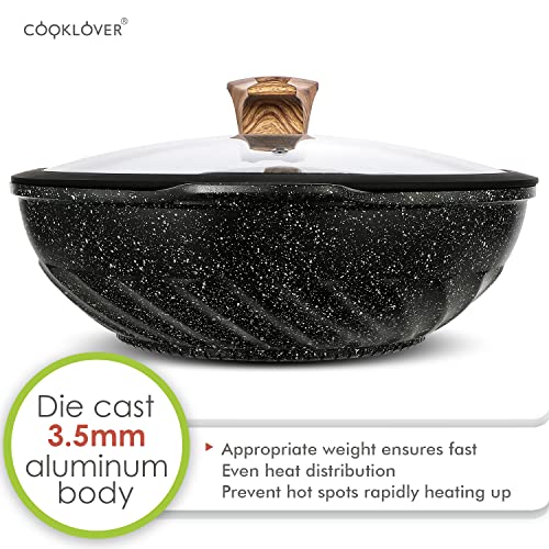 Cooklover Nonstick Woks And Stir Fry Pans Die-Cast Aluminum Scratch Resistant 100% Pfoa Free Induction Wok Pan With Lid 12.6 Inch - Black #TOP5