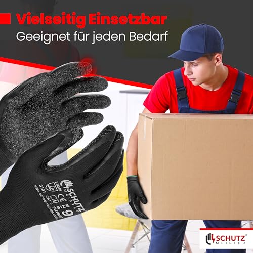 schutzmeister 12 Paar Premium Latex Paar Arbeitshandschuhe Herren - Größe 9/L - Schutzhandschuhe mit flüssigkeitsabweisender Beschichtung, feines Tastgefühl, Handschuhe für Privat & Gewerbe