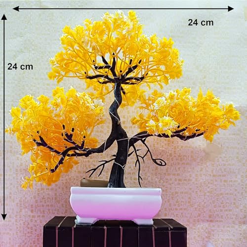 Image of Artificial LED Bonsai Tree with Lush Colorful Foliage in Elegant Plastic Pot | Artificial Plants with Pot | Indoor Plants | Home Decor Items (Yellow, 24cm)