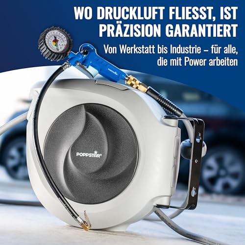 Poppstar Druckluftschlauchtrommel (15m+1,5m, Durchmesser 3/8 (9,2x14mm)) Schnellkupplung 1/4 BSPT, Schlauchtrommel mit Hybrid PVC Schlauch