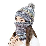 Women Girls Knitted Hat Scarf Mask Set Winter Fleece Lined Beanie Knit Ear Flaps Hat with Pompom...
