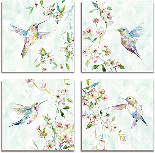 Renditions Gallery Canvas Wall Art, 4 Panels Set 16x16 Inches Each Framed Artwork, Hummingbird Spring Flowers Vintage Painting Pictures for Home Décor
