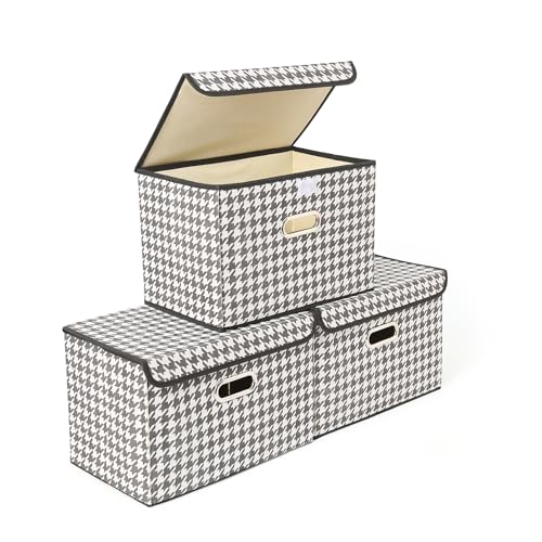 STOREONE Fabric Storage Cube Bins Foldable Organizer Container Collapsible Basket with Lids and Metal Handles, for Home, Bedroom, Closet 3 Pcs (Houndstooth)