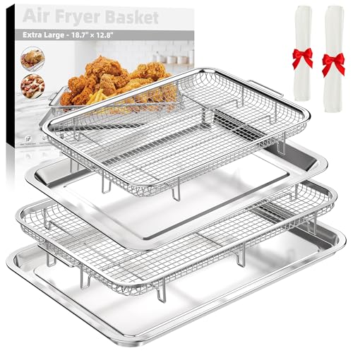 Image of Air Fryer Basket for Oven, 2 Set Air Fryer Pan and Crisper Tray, YEPATER 18.7" x 12.8"&15.7" x 11.6"Large Size Stainless Steel Air Fryer Pan and Crisper Tray with 60 PCS Parchment Paper for Baking