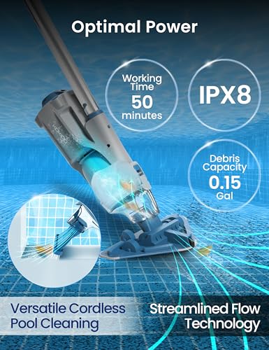 Image of KOKIDO Rechargeable Cordless Pool Vacuum for Above Ground Pool and Pond Cleaner, 72 inch Aluminum Pole, Standard & Fine Filters, 2 Brush Vac Heads, Handheld Pool Cleaner Spot Clean Inground Pools XV320