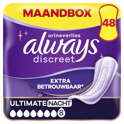 Always Discreet Extra Secure, Serviettes Pour Incontinence ou Fuites Urinaires, Fuites Importantes, Format Eco, 7 Gouttes, Ultimate Night, 48 Pochettes Individuelles (4 x 12 unités)