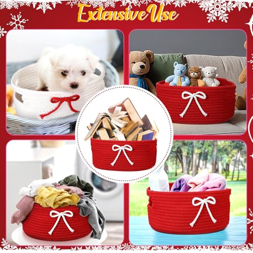 Image of Breling 3 Pieces Valentine's Day Gift Basket Coquette Bow Laundry Hamper Cotton Rope Storage Woven Rope Bin with Handles for Decoration Organization Storage for Nursery, Pet Toy Basket(Red, White)