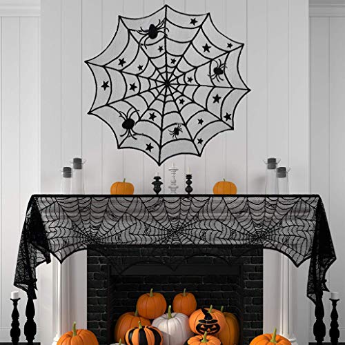 Shan-S Halloween Decorations Set Of 4,Halloween Lace Spider Web Table Runner,Round Table Cover,Fireplace Mantle Scarf And Lamp Shades For Festival Ornament Party Diy Haunted House Decoration #TOP3