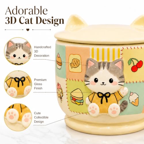 Image of Vasukie Cute Cat Ceramic Coffee Mug with Cat Ears Lid & Tail Handle | 3D Patchwork Tea Cup for Milk, Soup, & Hot Cocoa | Kawaii Brown Drinkware Gift for Cat Lovers (Character May Vary)