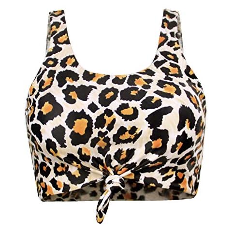 Balasami Women's Retro Scoop Neck Tie Knot Graphic Print Padded Tank Crop Top Full Coverage Bikini Swimsuit Top Only, Leopard Print, Small Cover