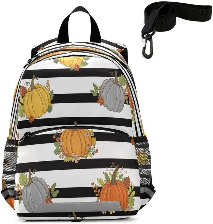 QUGRL Pumpkin Stripes Autumn Toddler Backpack for Boys Girls Kids School Backpack with Chest Strap Leash Preschool Schoolbag Nursery Kindergarten Bag for Daycare Travel Hiking School